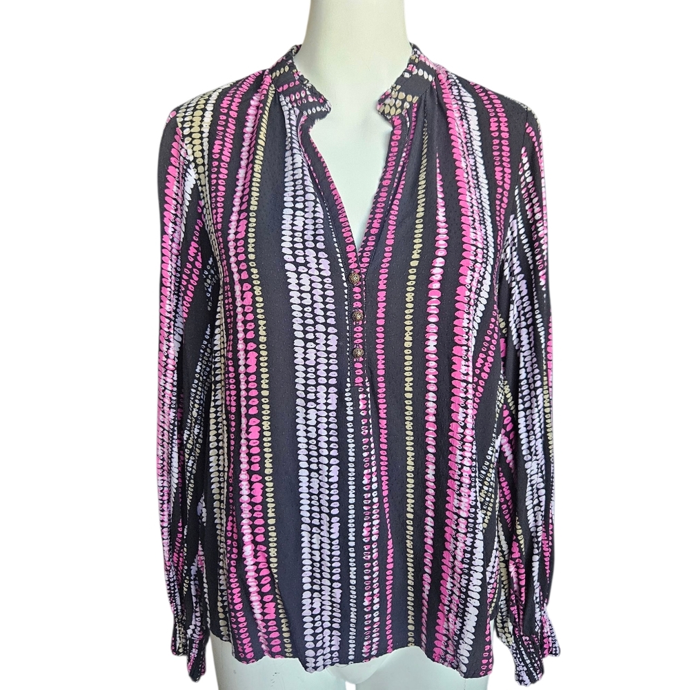 Anthropologie Maeve Colette Peasant Top Black Pink Stripe Print Split‎ V Neck Sm